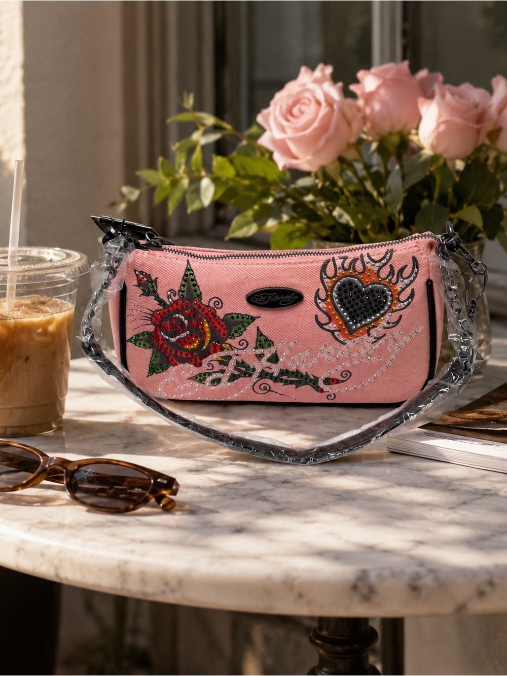 Ed Hardy Pink Rhinestone Flame Heart Rose Shoulder Bag NWT Y2K